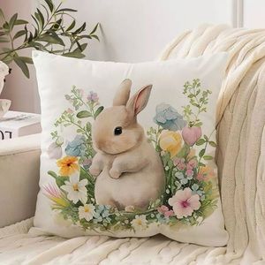 Easter Rabbit Floral Pillow Cover